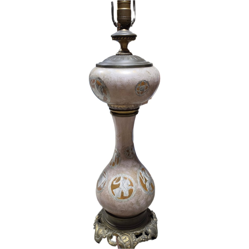 Vintage Table Lamp Large Greek, Roman style Brass Base Excellent Glass Medallion